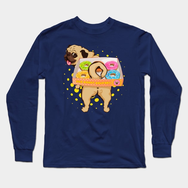 Pug Donut Delivery Cute Chonky Dog Hardworking | 5 donuts plus a tail Long Sleeve T-Shirt by anycolordesigns